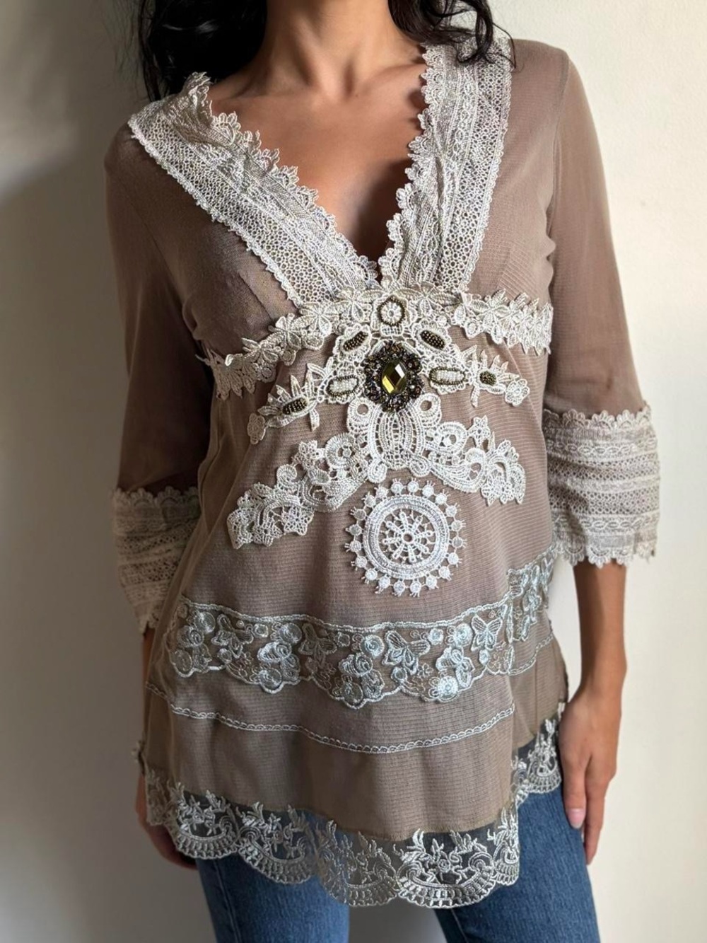 Passion Concept NWT Lace-Trim Mesh Top with Beaded Details